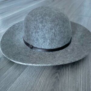Wide Brim, Wool Blend Grey Hat with Rich Chocolate Brown Leather Trim - Like New